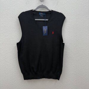 Polo Ralph Lauren Black Vneck Pima Cotton Knit Sweater Vest Mens size Large NEW